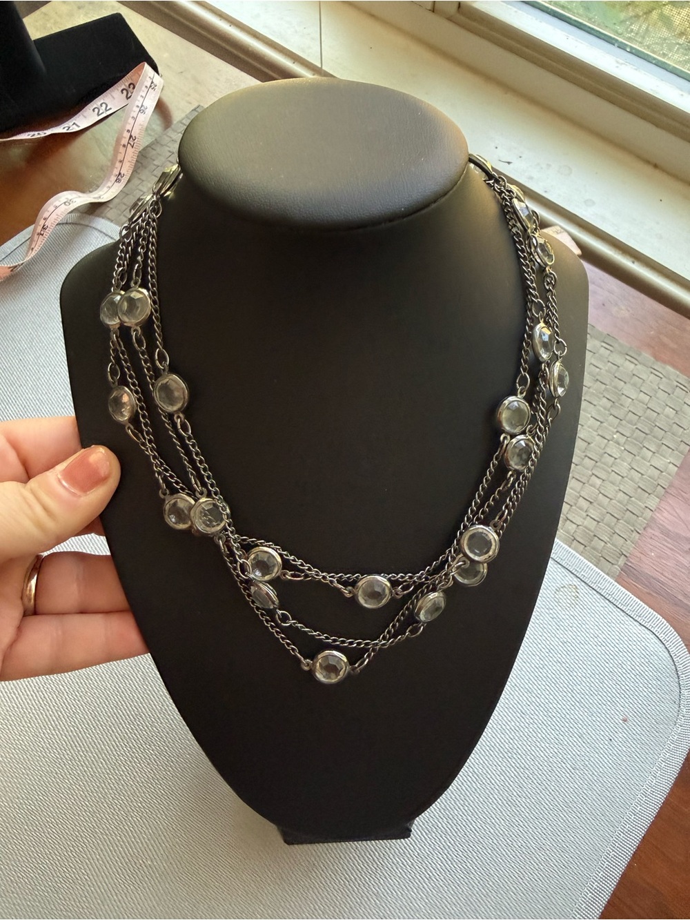 Gunmetal long Chain Necklace with Clear Bezel Stones